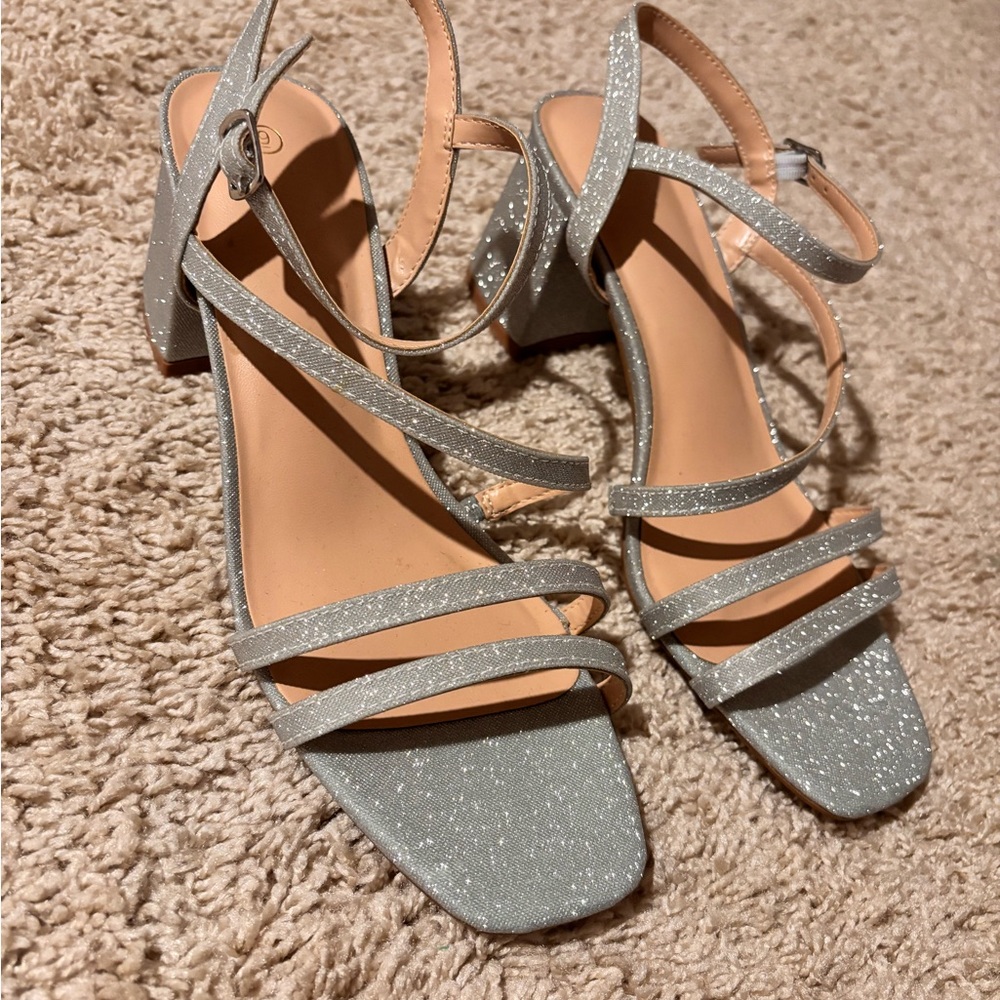 Sparkle Strappy Block Heel Sandals - Silver